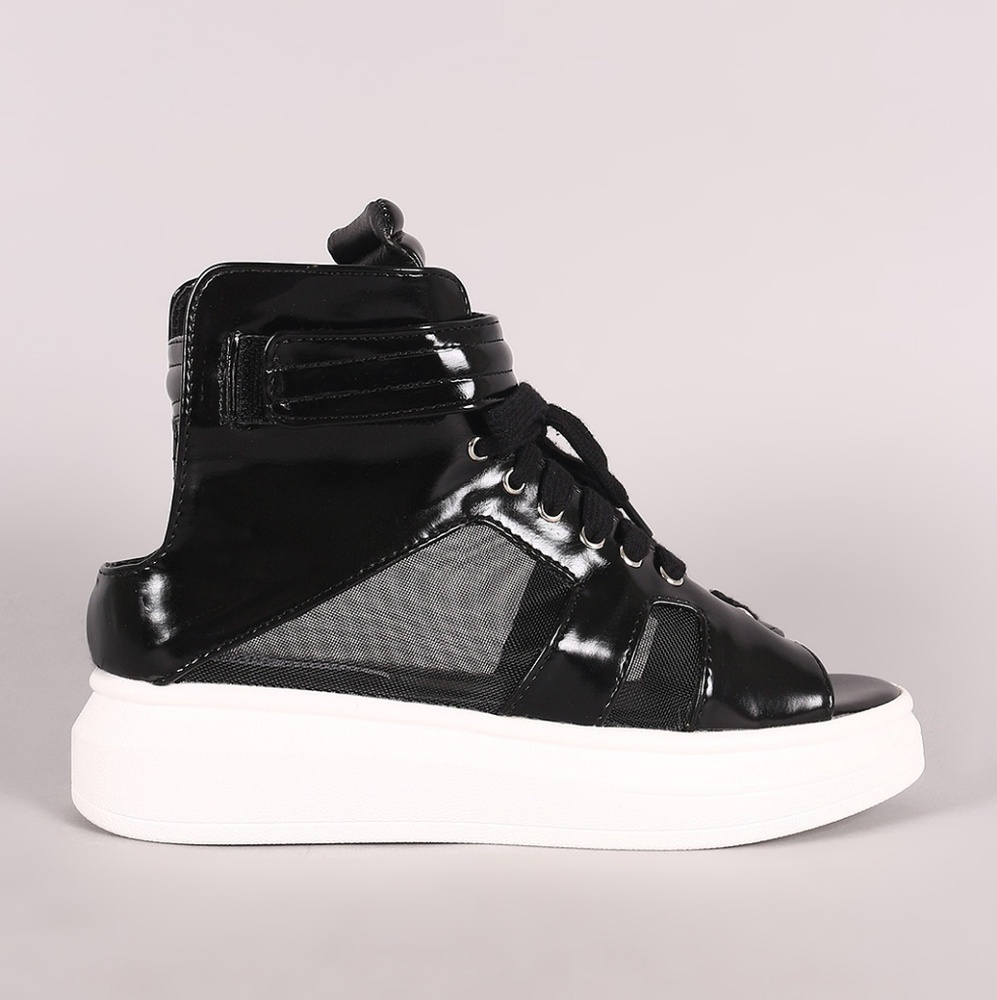 Last Size 6**🖤Open Toe Mesh Lace Up High Flatform - Picture 2 of 8